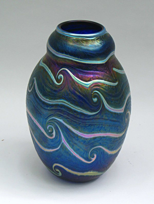 Beautiful Charles Lotton etched art glass vase, 10 inches tall, signed and dated 2003, $1,035.